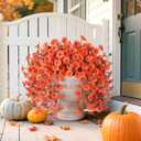 Fake Mums Artificial Fall Hanging Flowers for Outdoors Decoration, 2 PCS Fake Silk Morning Glory with Brown Eucalyptus UV Resistant Plants for Wall Home Porch Patio Balcony Yard Decor (Orange)