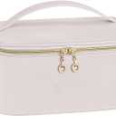 senbowe Travel Makeup Bag, Large Capacity Cosmetic Bags for Women,Portable Waterproof Leather Toiletry Bag Make Up Organizer Bag with Divider and Handle (Beige)