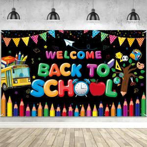 Welcome Back to School Banner, Black Color Back School Backdrop for First Day of School Decorations, Welcome Kids Students Back to School Party Decorations for School Classroom 70.8 x 43.3 Inch