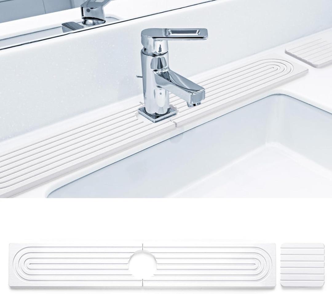 Qtencas Faucet Mat for Kitchen Sink, Diatomaceous Earth Kitchen Sink Splash Guard include 1 Coaster, Water Absorbing Stone Tray for Sink, Dries Instantly for Kitchen Counter Clean (White, 24*4 inchs)