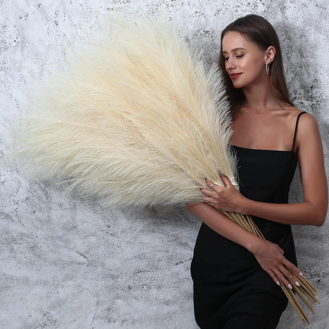 8 Pcs 45 inch Tall Faux Pampas Grass Decor, Large Artificial Beige Pompous Grass Bulk, Long Fake Pompas for Floor Vase Filler, Wedding, Baby Shower, Home and Boho Decor (Beige)