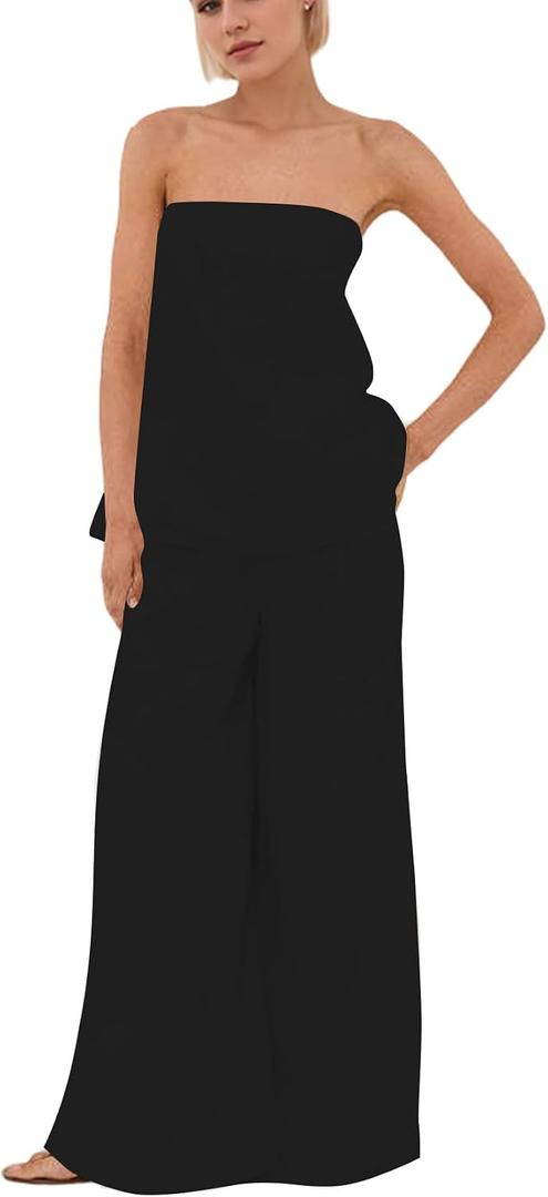 Women 2 Piece Outfits Polka Dot Summer Pants Set Strapless Tube Top High Elastic Waist Wide Leg Pants Lounge Sets, L