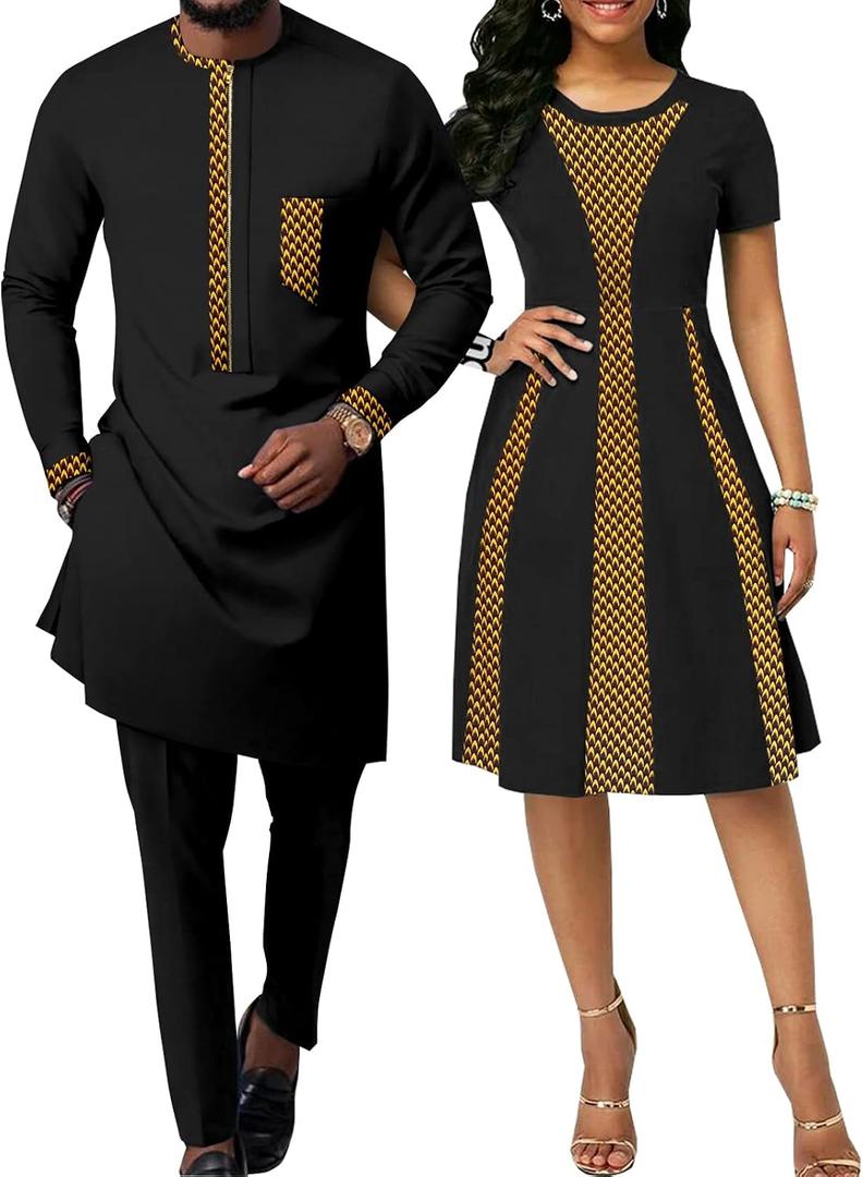 African Attire for Couple Women Print Wax Crew Neck Dress with Men Dashiki Long Vest Shirt and Pants Sets (Black, XL)