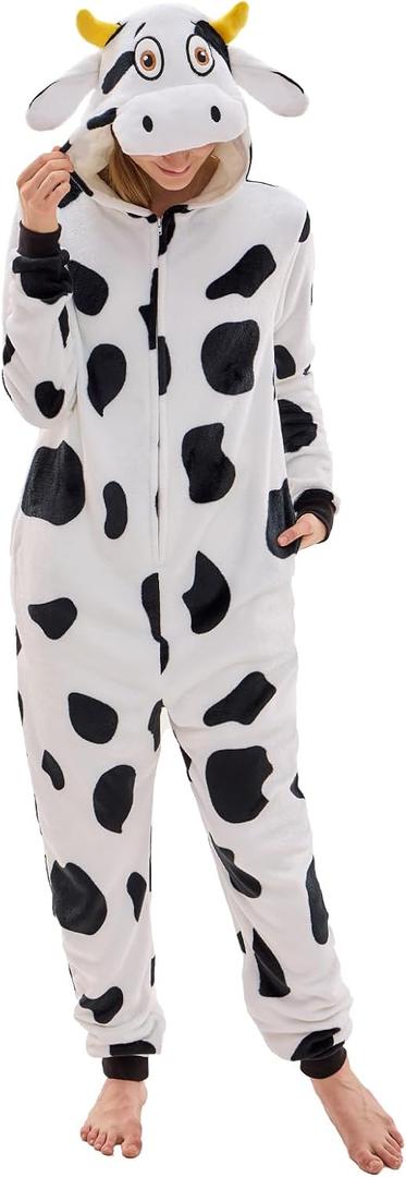 NEWCOSPLAY Unisex Adult Onesie Pajamas Animal One Piece Costume Cosplay Sleepwear (Large, Cow)
