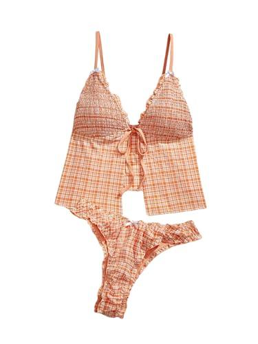 GORGLITTER Women's Tie Front Gingham Tankini Swimsuits Checkered Ruffle Split High Cut Bathing Suit Bikini 2 Piece Orange, Medium
