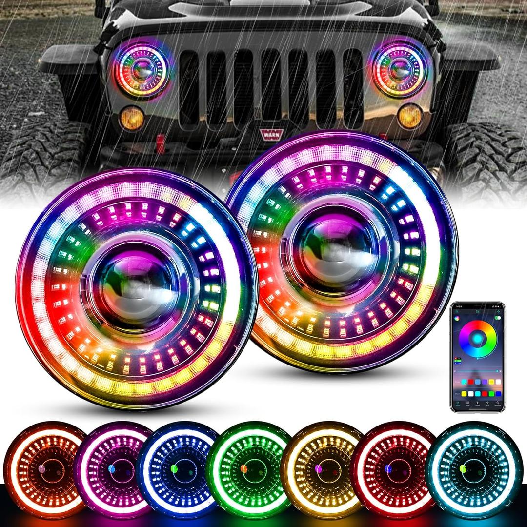 UTVJATV 7 Inch RGB Halo Head lights DOT Approved Halo Headlights APP Remote Control Music Mode Compatible with 20072017 JK 20032006 TJ Unlimited/LJ