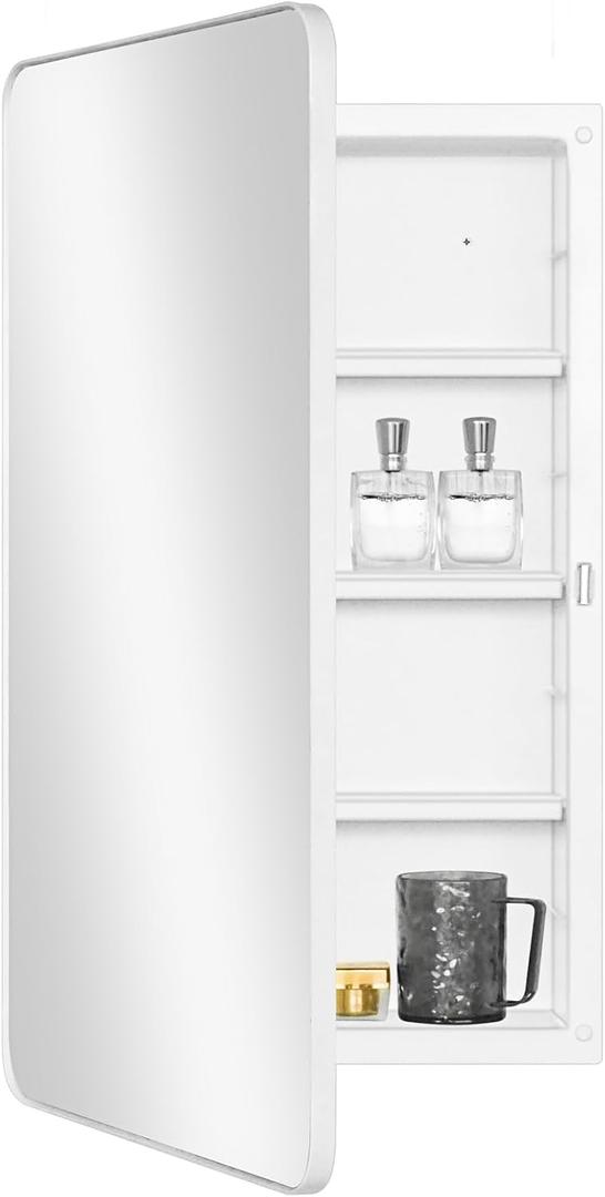 Fundin White Plastic Medicine Cabinet, Mirror Door with Round Corner Metal Frame, Recessed and Surface Mount Bathroom Wall Medicine Cabinet, 16 x 28 inch Mirror Size