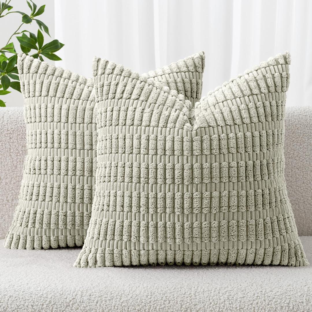 MIULEE Pack of 2 Corduroy Decorative Throw Pillow Covers 20x20 Inch Soft Boho Striped Pillow Covers Modern Farmhouse Home Decor for Summer Sofa Living Room Couch Bed Light Green
