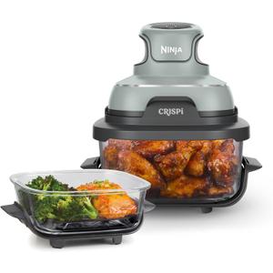 Ninja Crispi Air Fryer, Microwave, Freezer & Dishwasher Safe, Non Toxic Glass Portable Cooking System, 4 QT & 6 Cup Glass Containers with Storage Lids, Easy Meals, Air Fry, Bake, Green, FN101SG