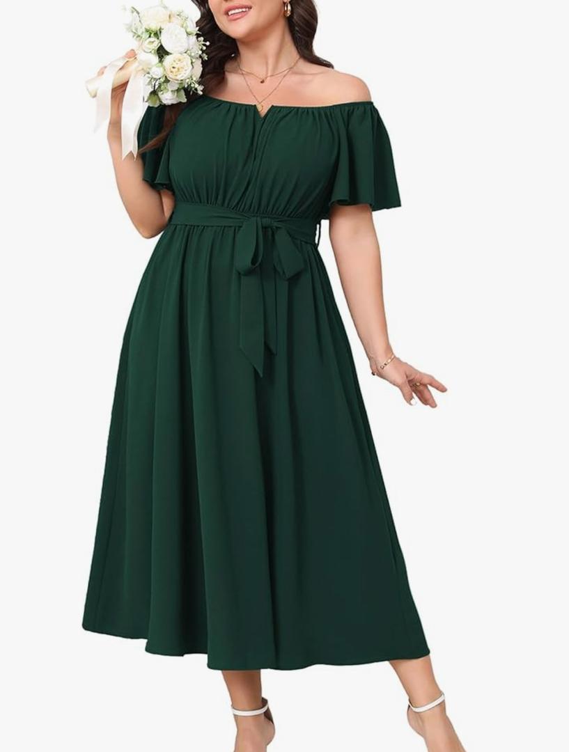 Women Plus Size Maxi Dress Off The Shoulder Bridesmaid Formal Wedding Guest Belted Flowy A Line Long Dresses Size 1XL