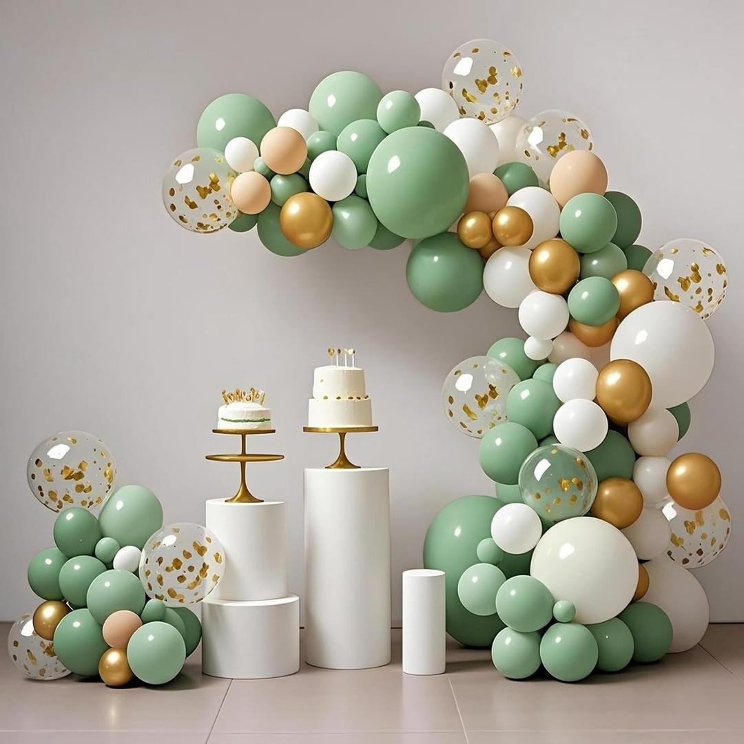 Avocado Green White Gold Balloons Garland Arch Kit, 117Pcs Sage Green Latex Balloons Different Sizes 18 12 10 5 Inch for Birthday Baby Shower Gender Reveal Wedding Party Decoration (Avocado Green)