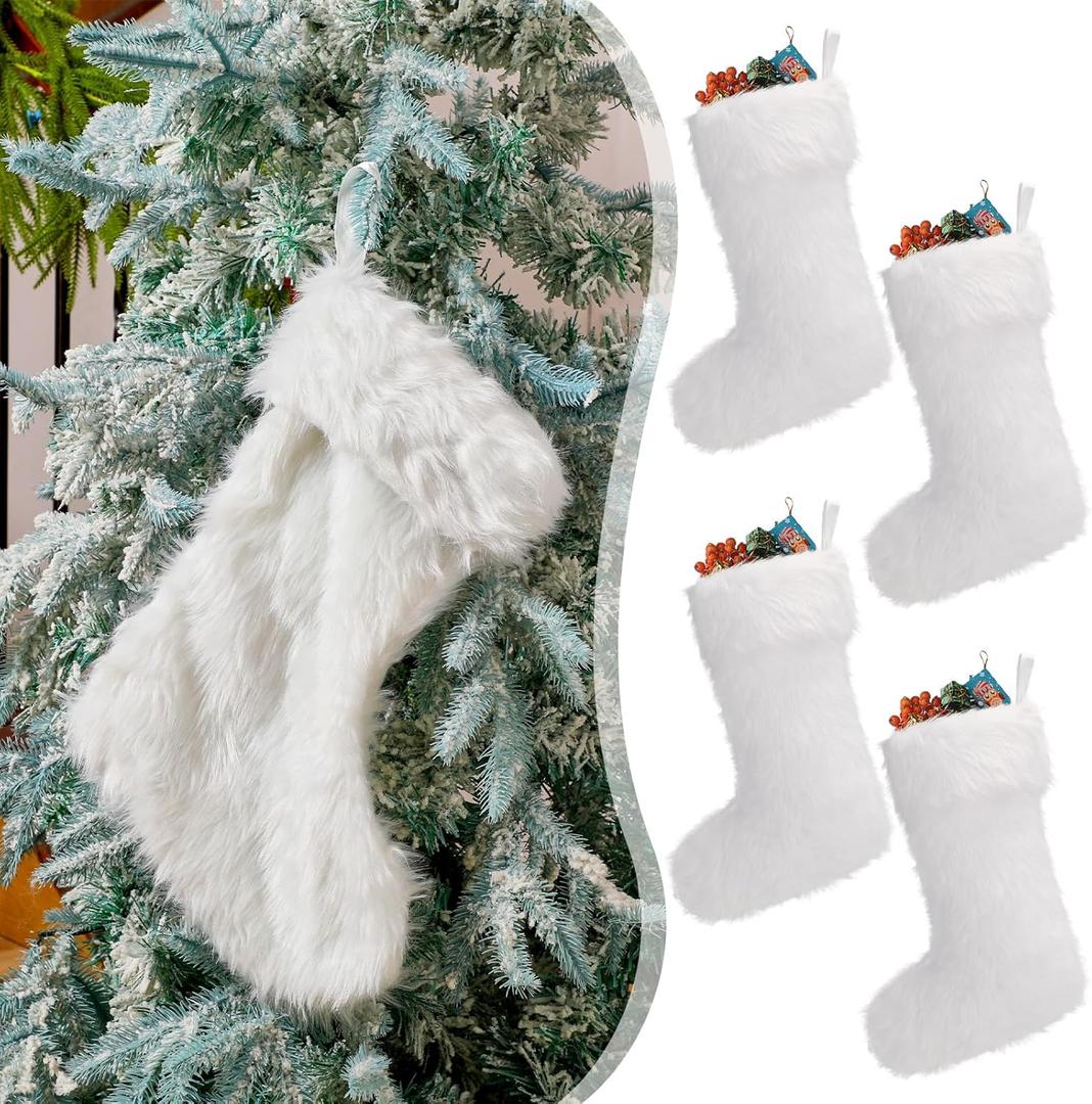JOVITEC White 4 Pcs 20 Inch Christmas Stockings Faux Fur Stockings Xmas Stocking Fireplace Hanging Stocking Christmas Party Gift Bags for Holiday Party Decoration