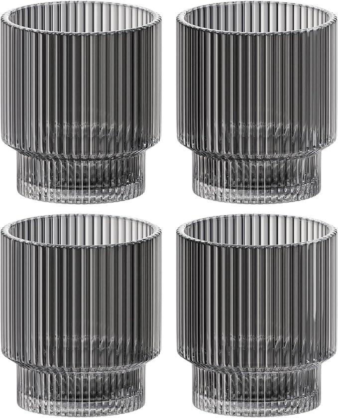 American Atelier Vintage Art Deco Fluted Drinking Glasses, Set of 4 Modern Kitchen Glassware Set | Old Fashion Tumbler for Cocktails and Water | Ribbed Lowball Glass Cup for Whiskey (Smoke Grey)