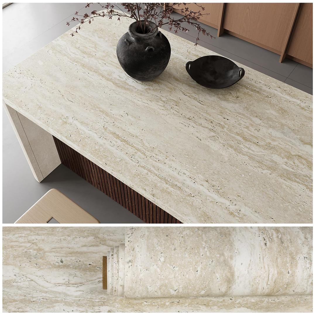 VEELIKE Beige Travertine Marble Contact Paper for Countertops 15.7''x354'' Thick Counter Top Peel and Stick Waterproof Marble Wallpaper Self Adhesive Vinyl Countertop for Kitchen Bathroom Table Desk
