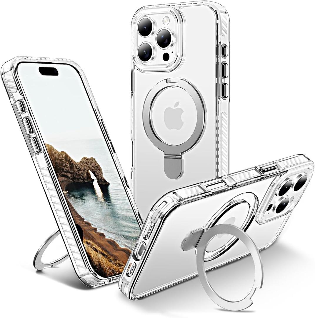 UMIONE for iPhone 16 Pro Clear Magnetic case with Stand and Finger Ring, Compatible with magsafe, Shockproof Transparent Hard Plate, Full Body case, Universal for Boys and Girls 6.1 - White