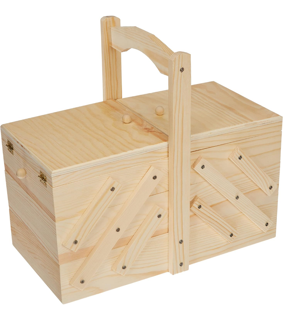 Juvale Wooden Sewing Box Organizer for Sewing Supplies with 3 Tier Drawers for Craft Tools, Needles, Pincushion, Art Supplies, Thread Spool Organizer (12.6×5.9×8.3 inches)