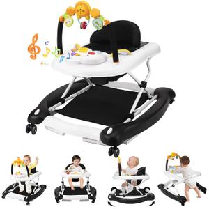 Baby Walker with Wheels, 5 in 1 Baby Walkers for Boys Girls 6-12 Months, Foldable Walker Baby with Bouncer & Feeding Tray, Music, Adjustable Heights (b-black)