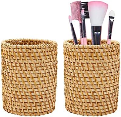ZUDKSUY 2 Pack Rattan Pencil Holder Handmade Pen Organizer Boho Desk Accessories Pen Cup Holder Aesthetic Holder for Desk Cute