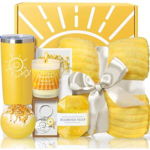 Noerrors Birthday Gifts for Women, Sending Sunshine Gifts Baskets for Best Friend, Unique Spa Birthday Gifts Box with Blanket for Her Sister Friendship BRIGHTEN HER DAY! (Yellow)