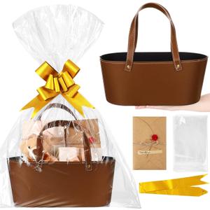 Wonderjune Empty Gifts Baskets with Mother's Day Leather Gift Bags Ribbons Greeting Cards Empty Baskets with Handles for Mother's Day Lover Birthday Shower Favor Wrapping Gift(Brown,Large)