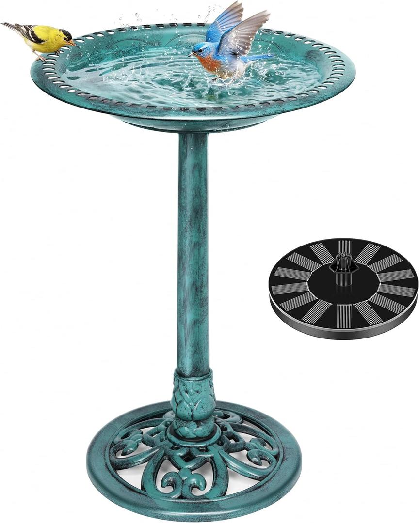 VIVOHOME Bird Bath with Solar Fountain for Outside, Polyresin Pedestal Bird Baths with Solar Powered Pump for Outdoor, Garden, Weather-Resistant Birdbaths with 20" Bowl, Green
