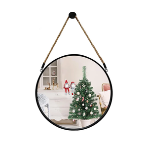 POZINO Round Mirror, 15" Rope Hanging Mirror, Farmhouse Circle Mirrors, Black Metal Frame Wall Mirrors for Bathroom, Bedroom, Living Room, Entryway, Fireplace, Home Decor