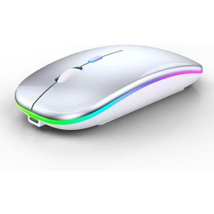 WREANU Wireless Bluetooth Mouse Rechargeable Laptop Mice with LED Lights Silent Slim Use(BT5.2 and 2.4G Portable USB Receiver)Dual Mode Computer Mouse for Laptop/ iPad/ Tablet/ Apple/ Computer/ Mac(Silver)