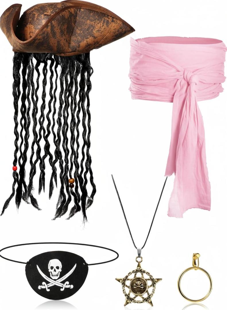 5 Pieces Halloween Pirate Costume Set, Pirate Hat with Dreadlocks Earrings Skull Necklace Eye Patch Large Sash for Men Women (Pink)