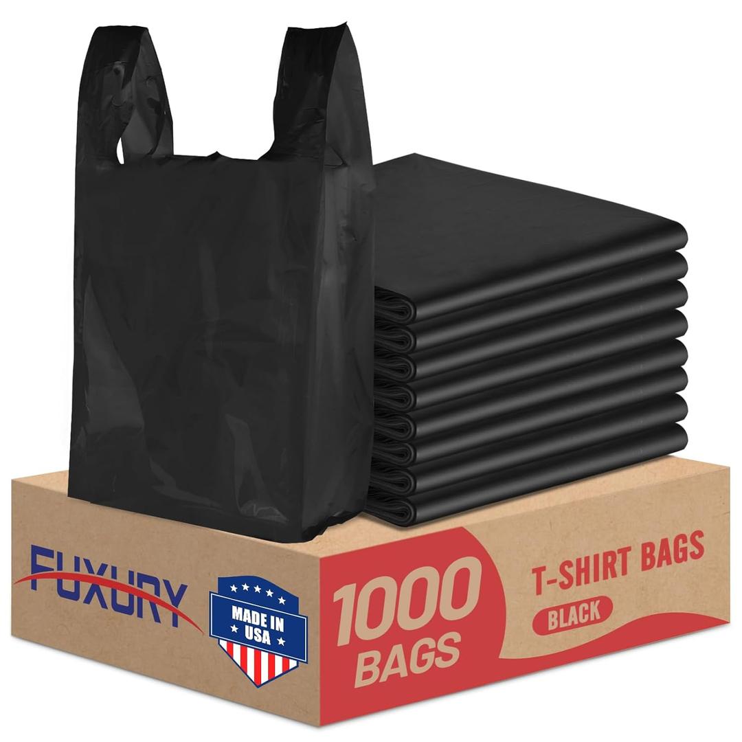 Fuxury 1000 Count Black Plastic Grocery Bags 11.5" x 6.5" x 21", T-shirt, Trash, Take Out, Restaurants,To Go, Retail Shopping Bags in Bulk for Small Business (Made in USA)