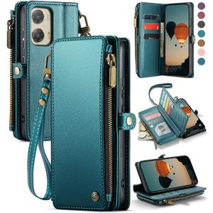 Defencase Compatible with Moto G Stylus 5G 2024 Case, RFID Blocking Wallet Case Compatible for Motorola Moto G Stylus 5G 2024 PU Leather Flip Strap Zipper Card Holder Phone Case for Women, Blue Green
