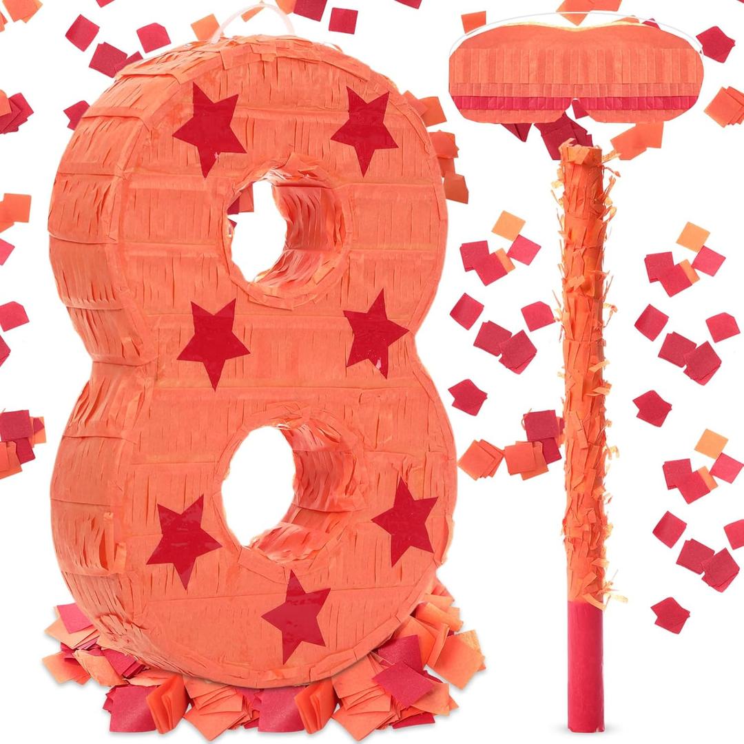 RoundFunny Number 8 Piata Anime Theme Birthday Party Supplies 13.7'' Number Piata Blindfold Stick Confetti Orange and Red Color Star Print Decor for Boys Girls Birthday Party Favor