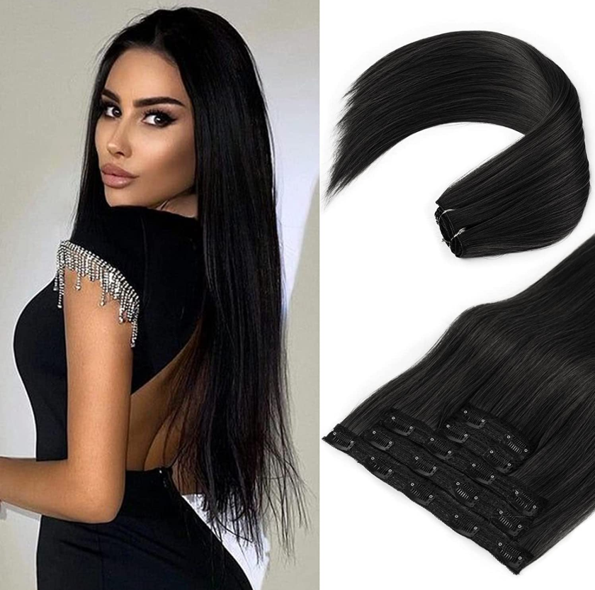 REECHO Clip in Hair Extensions, 24” Hair Extensions 5PCS Thick Long Straight Lace Weft Lightweight Synthetic Hairpieces for Women, Brown Black