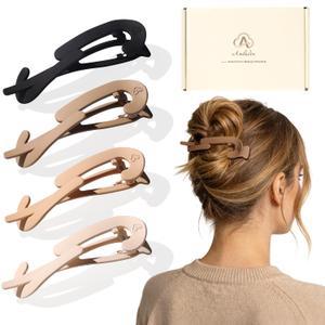 Large Twist Flat Hair Clips for Medium Thick Hair, Stylish Flat Claw Clips for Women, French Hairclips for Long Straight Curly Hair - Beige, Light Khaki, Dark Khaki, Black, 4pcs