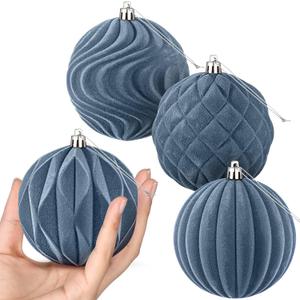 Blueweenly 4 Pcs 4 Inch Large Velvet Christmas Ball Ornaments Vintage Christmas Plastic Ball Ornaments Flocked Tree Hanging Decoration for Xmas Party Wedding Home Decor(Grey Blue)