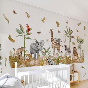 Large Safari Animals Boho Tropical Rainforest Leaves Tree Wall Stickers Jungle Animals Giraffe Elephant Lion Leopard Parrot Wall Decals for Living Room Bed Room Class Room Wall Dcor