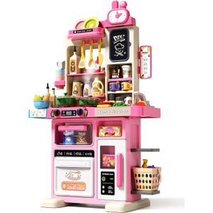 33.8IN - 70PCS Kids Kitchen Playset with Sound & Light - Cooking Stove with Steam, Play Sink and Toy Kitchen Accessories - Pretend Kitchen Play Food Toys for Kids Boys Girls - Toddler Play Kitchen Set (Pink)