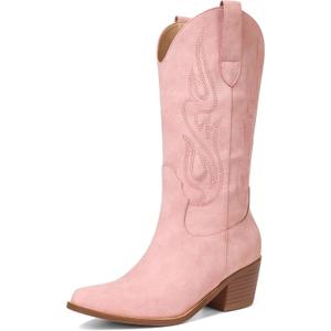 AOSPHIRAYLIAN Cowboy Boots for Women Retro Pointed Toe Pull On Block Chunky Heel Glitter Sparkly Metallic Embroidecamel Country Concert Outfits Calf Western Cowgirl Boots (10, Pink)