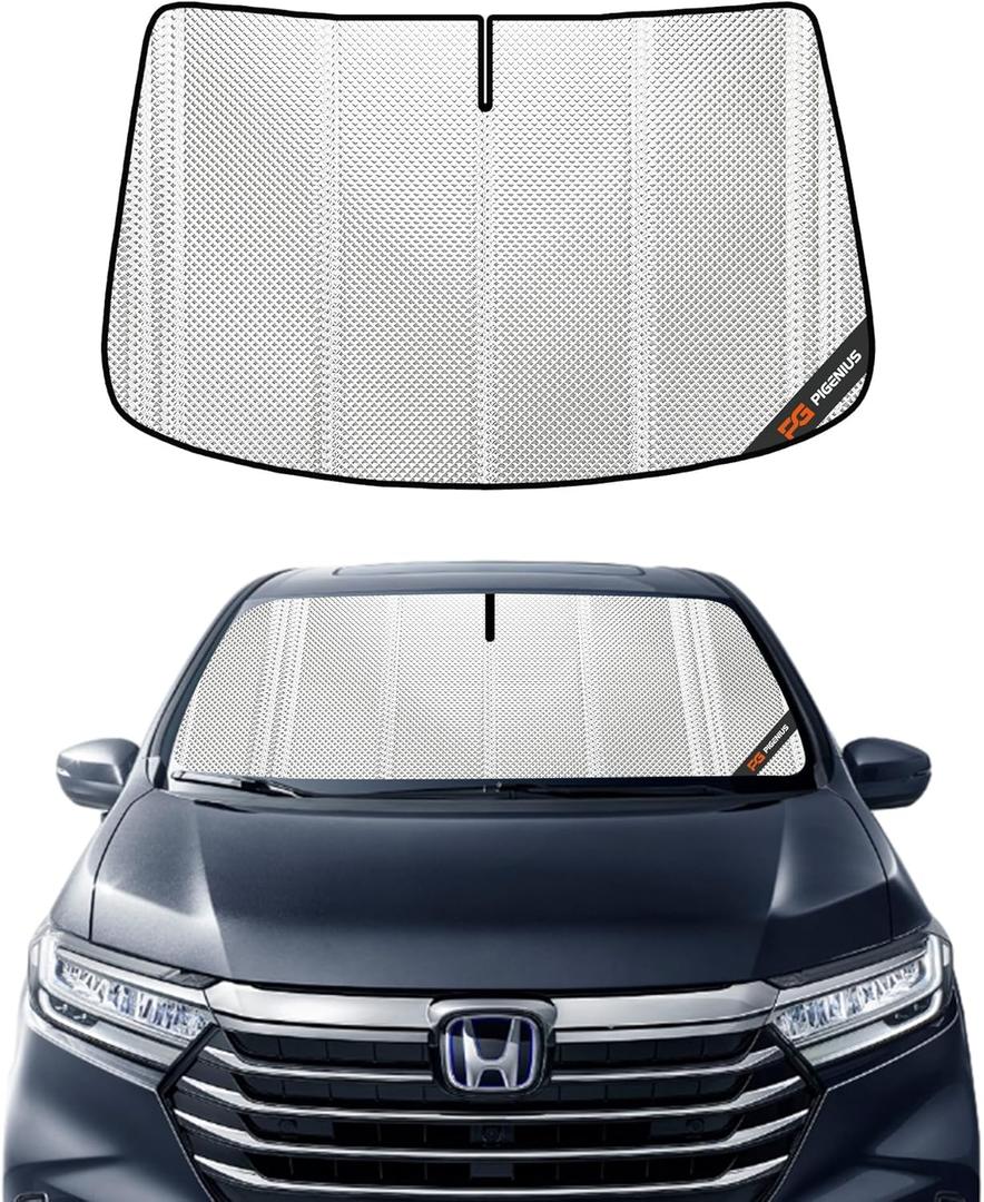 Windshield Sun Shade for Honda Odyssey 2018-2024. Full Coverage Rearview Mirror Shade for Ultimate Protection (Shiny Silver)