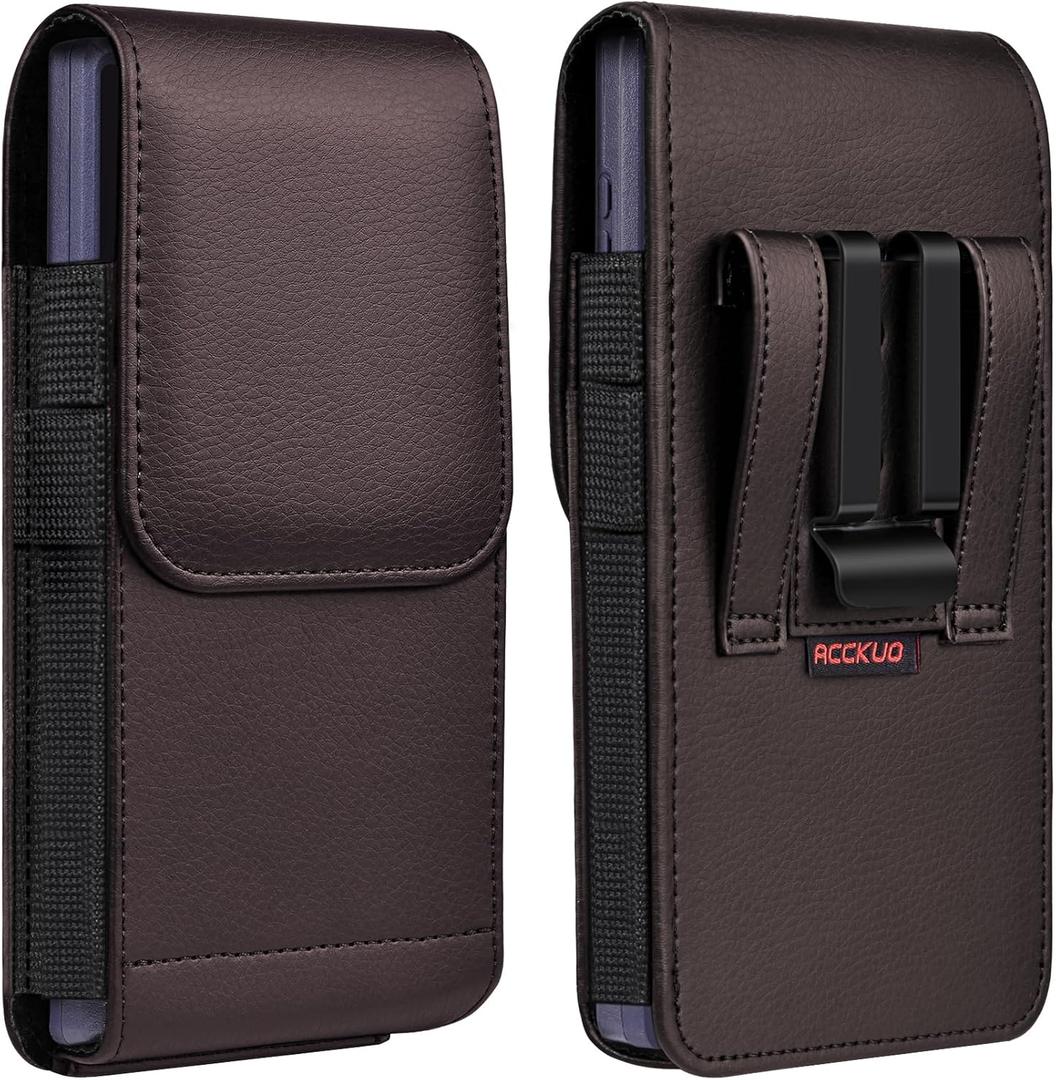 Leather Phone Holster with Strong Metal Belt Clip and Magnetic Closure Compatible with iPhone 16/15/14/13/12 Pro and Non-Pro, Galaxy S25 S24 S23 S22, M-Coffee