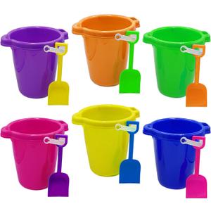 4E's Novelty 6 Pack 7.5" Beach Buckets and Shovels for Kids Bulk - Strong Large Sand Bucket for Toddler Beach Toys for Kids 3-10, SandBox Toys
