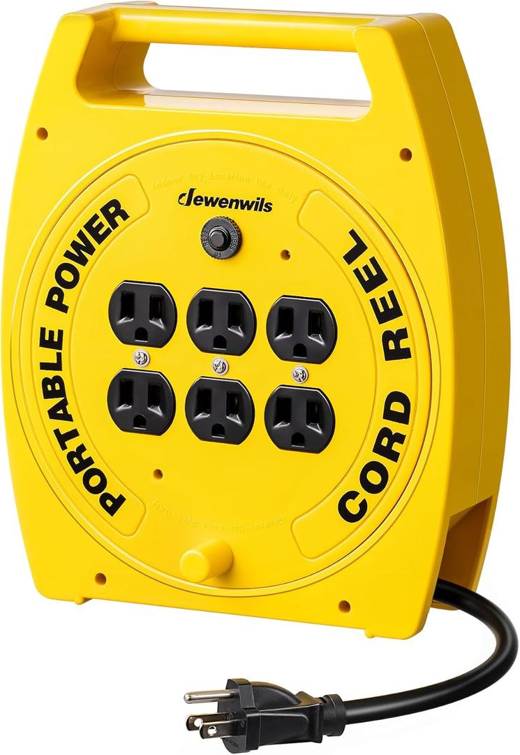 DEWENWILS 6 Outlets Extension Cord Reel, 30FT SJTW 16/3C Power Cord, Hand Wind Retractable, Overload Protection, 13 Amp Circuit Breaker, Yellow, Black, UL Listed