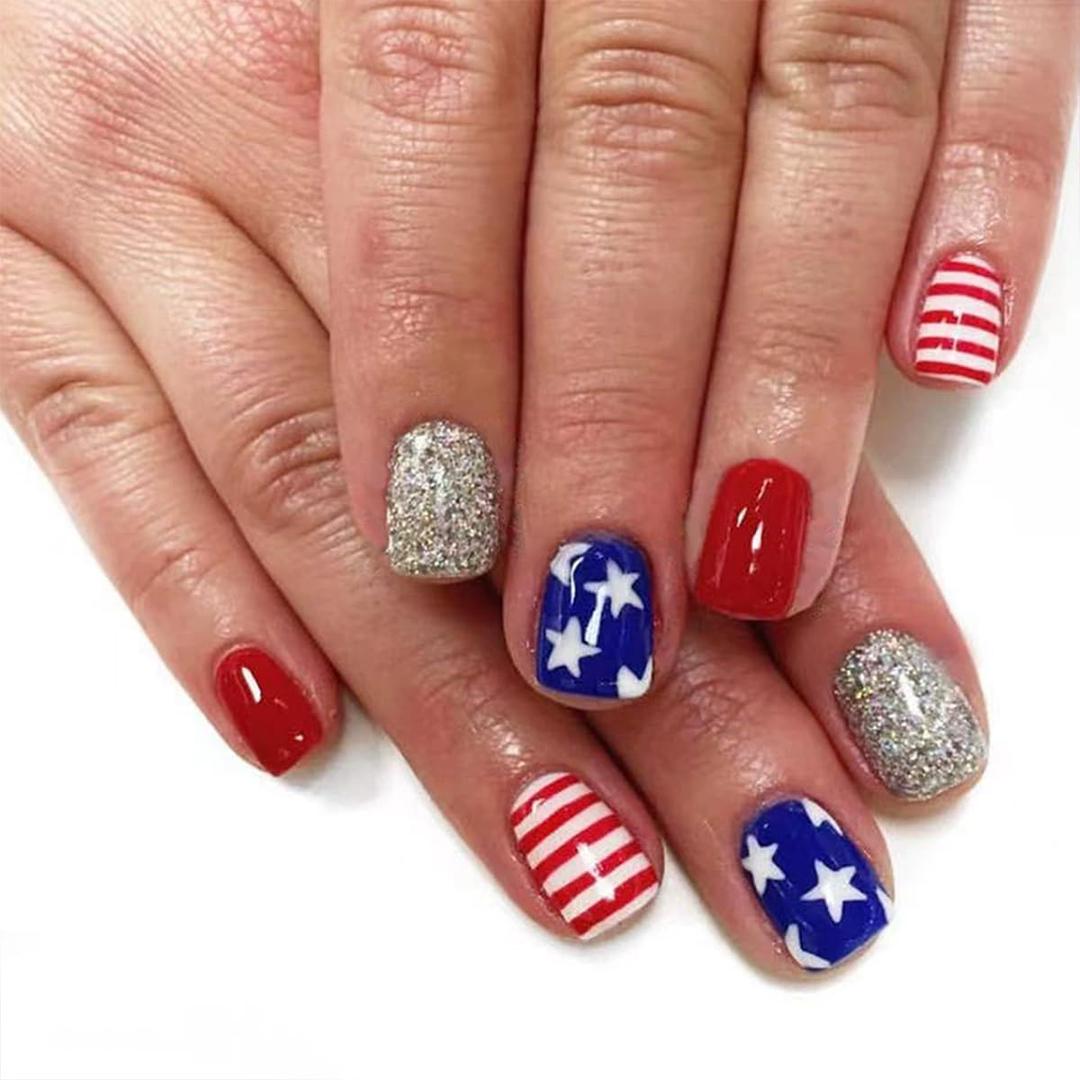 2 x 4th of July Press on Nails Short Square Fake Nails Red Blue Full Cover False Nails Stars Glitter Glue on Nails Independence Day Nails Press ons Glossy Artificial Stick on Nails for Women 24 Pcs, (Mix Nails)