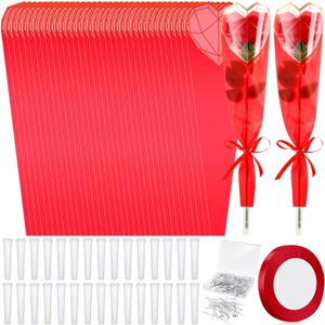 Skyygemm 301 Pcs Flower Wrapping Kit for Wedding Mother's Day 100 Single Rose Sleeves 100 Water Tubes 100 Crystal Diamond Head Pins 1 Ribbon for Birthday Wedding Flower Gifts Arrangement(Red)