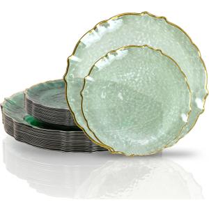 bUCLA 40PCS Sage Green Plastic Plates Disposable - Fancy Clear Hammered with Gold Lace-Edge - Include 20 Each (10inch Dinner & 7inch Dessert) Plates for Party, Birthday & Daily Use