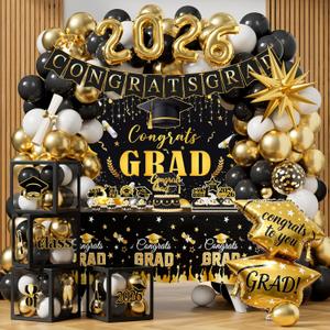 Graduation Party Decorations 2026 Kit, Black Gold Congrats Grad Class Of 2026 Supplies Set, 2026 High School College Graduation Decorations, Graduate Backdrop Tablecloth Balloon Garland Boxes Banner