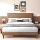King Upholstered Platform Bed Frame with Headboard, Faux Leather Modern Bed Frame with Wood Slat Support, No Box Spring Needed, Easy Assembly, Brown