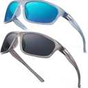 SKYOAK Scratch/Saltwater Resistant/Anti-stain Coating Polarized Lens Sports Sunglasses Men Women TR90 Wrap Around Sun Glasses (Blue Frame/Ocean Mirror + Grey Black Frame/Grey Lens)