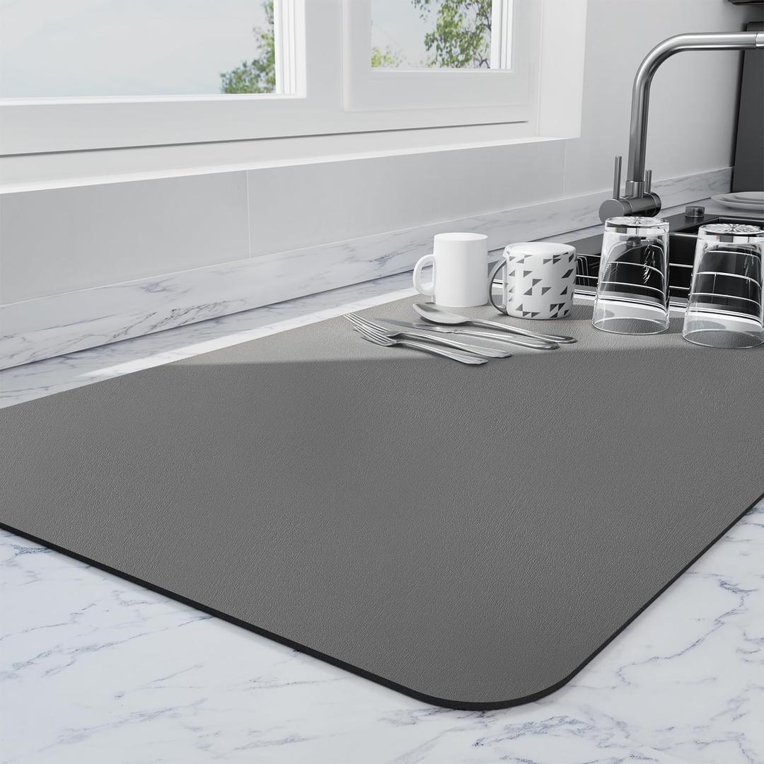Dish Drying Mat for Kitchen Counter | Coffee Bar Mat for Countertops | Heat Resistant Drainer Mat with Non-slip Rubber Backed | Hide Stain Kitchen Absorbent Draining Mat | Dark Grey 18"x24"