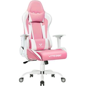 PUKAMI Pink Cute Kawaii Gaming Chair for Girl Ergonomic Desk Racing Office Adjustable High Back Game Swivel Leather Chair with Lumbar Support and Headrest (Pink)