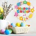2 x 3D Easter Decoration Wooden Door Wreath for Front Door Sign Happy Easter Bunny Egg Wreath Hanging Wall Decor with Colorful Flowers for Home Indoor Outdoor Party Decor